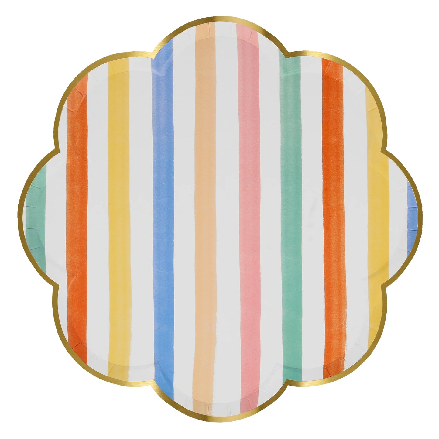 Meri Meri scalloped dinner plate with pastel vertical stripes and gold edging available in Toronto and shipping across Canada