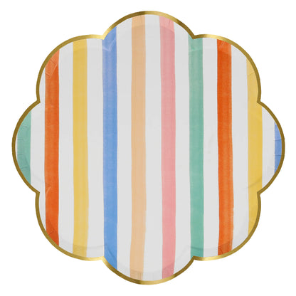 Meri Meri scalloped dinner plate with pastel vertical stripes and gold edging available in Toronto and shipping across Canada