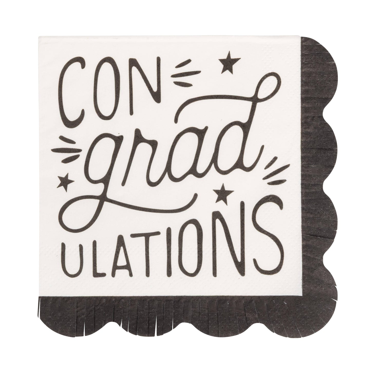 Black and white Congrats Grad cocktail napkins for graduation celebrations, sold in Toronto at Confetti My Party