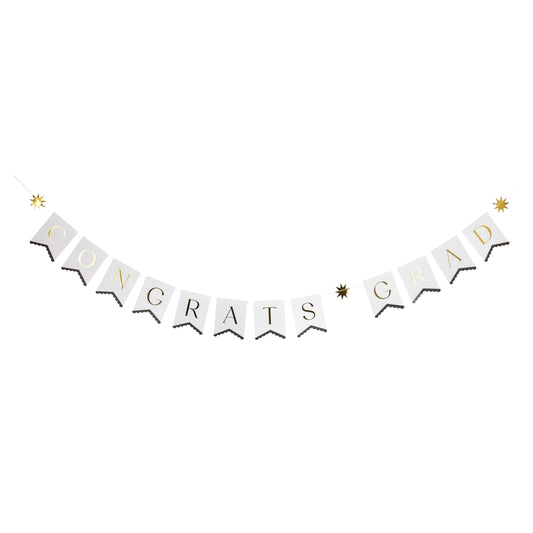 White and gold Congrats Grad banner with scalloped flags, sold in Toronto at Confetti My Party