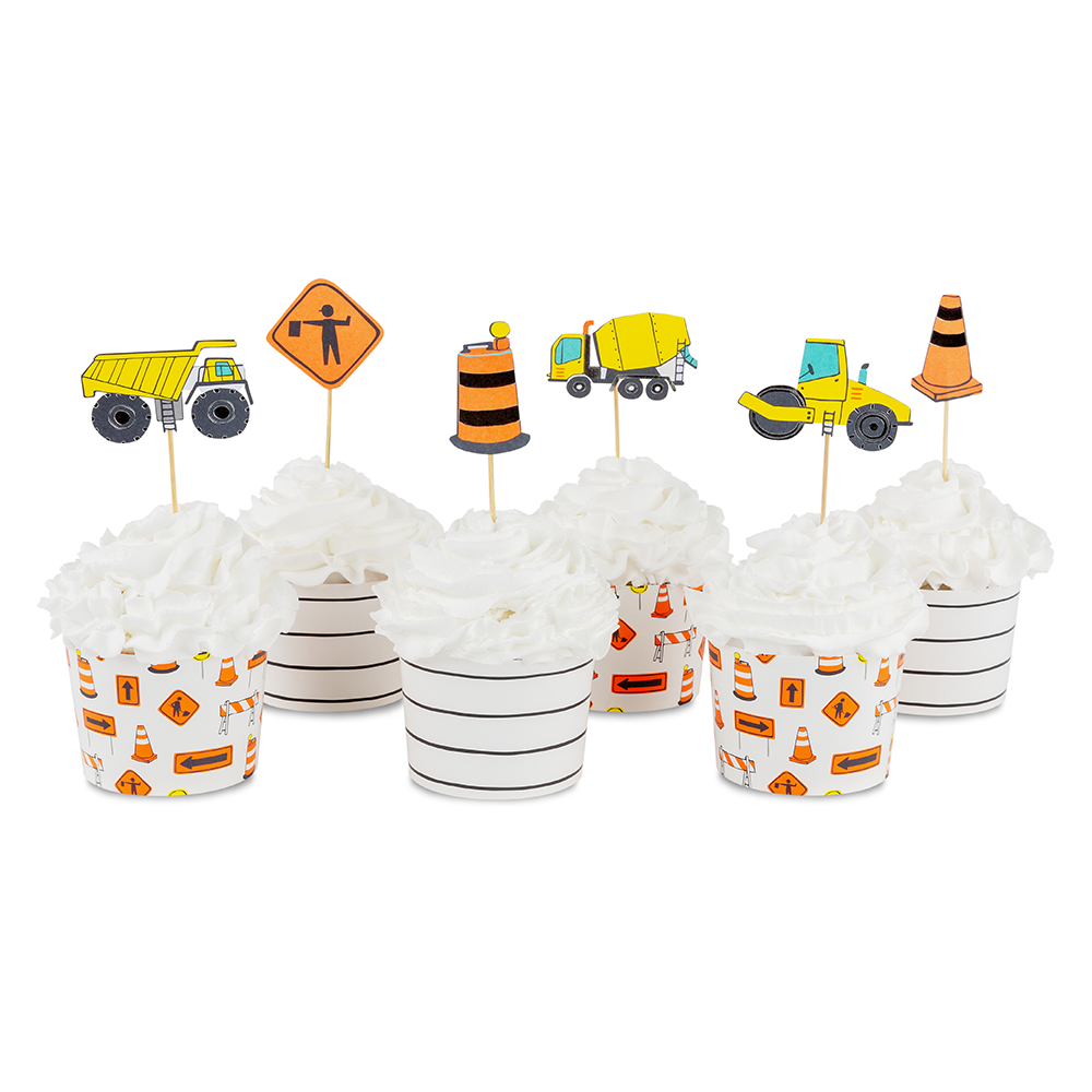 Construction-themed cupcake toppers with trucks, cones, and signs on frosted cupcakes for Toronto party celebrations.