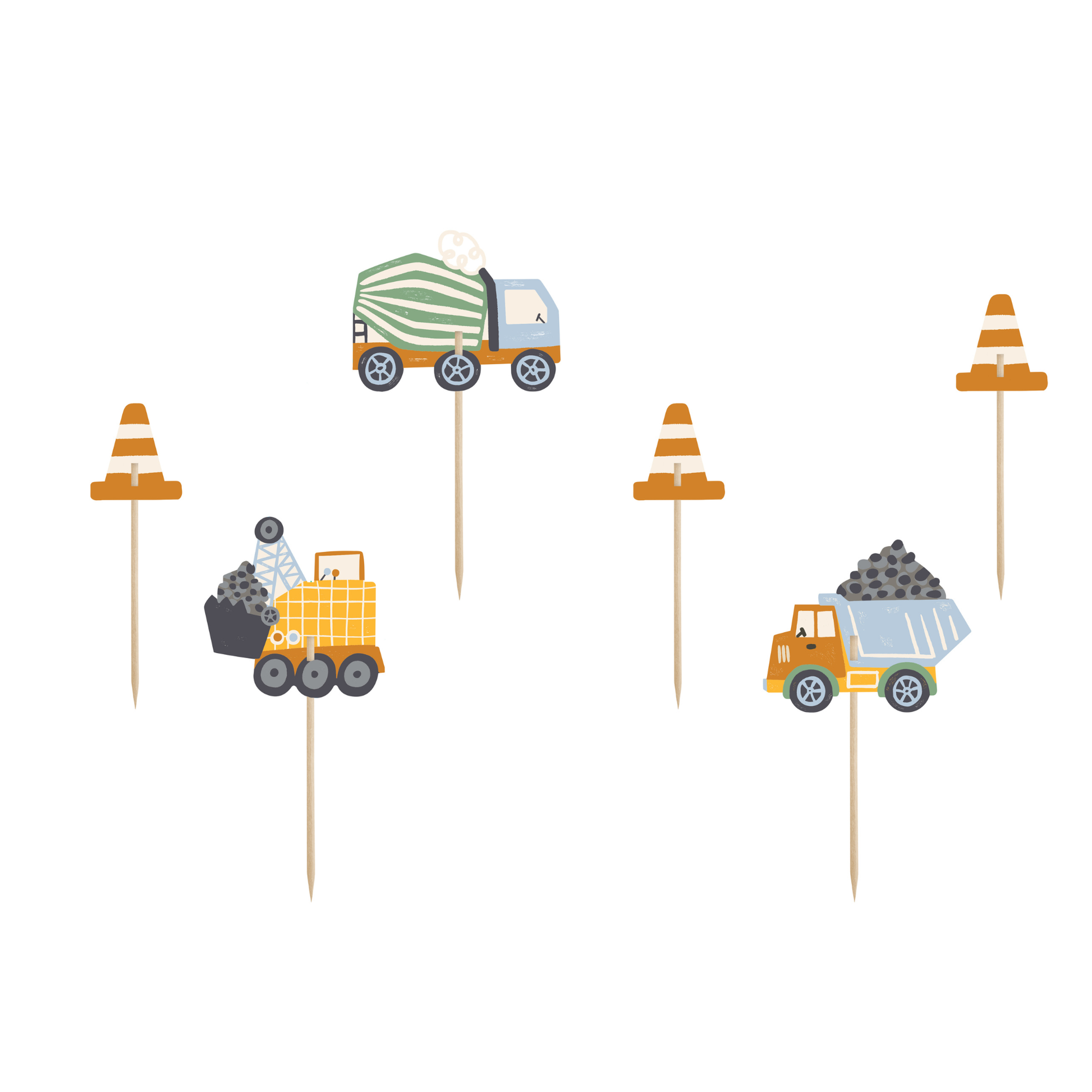 Set of construction-themed cupcake toppers with trucks and traffic cones on sticks against a white background.