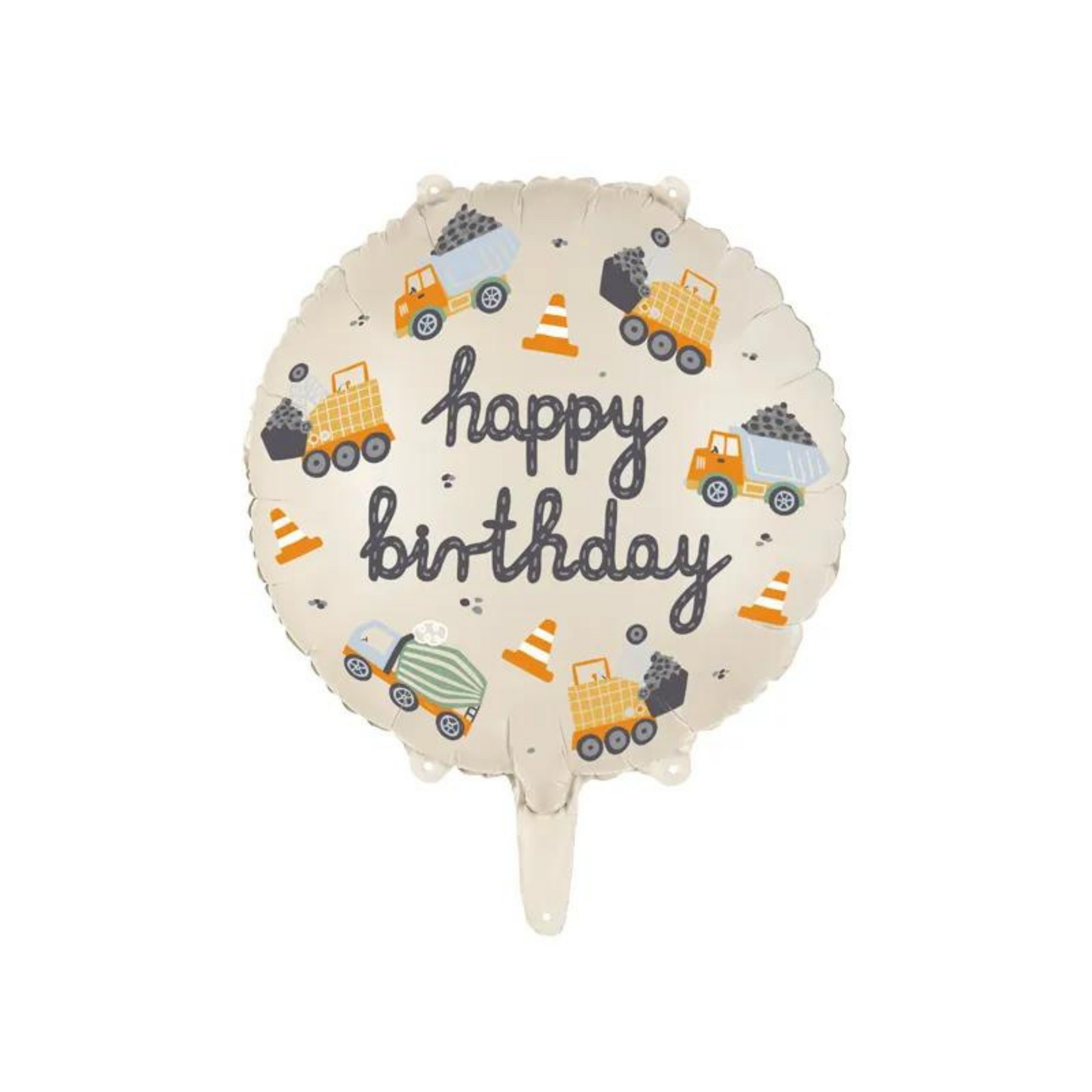 round foil balloon with construction truck images and happy birthday message