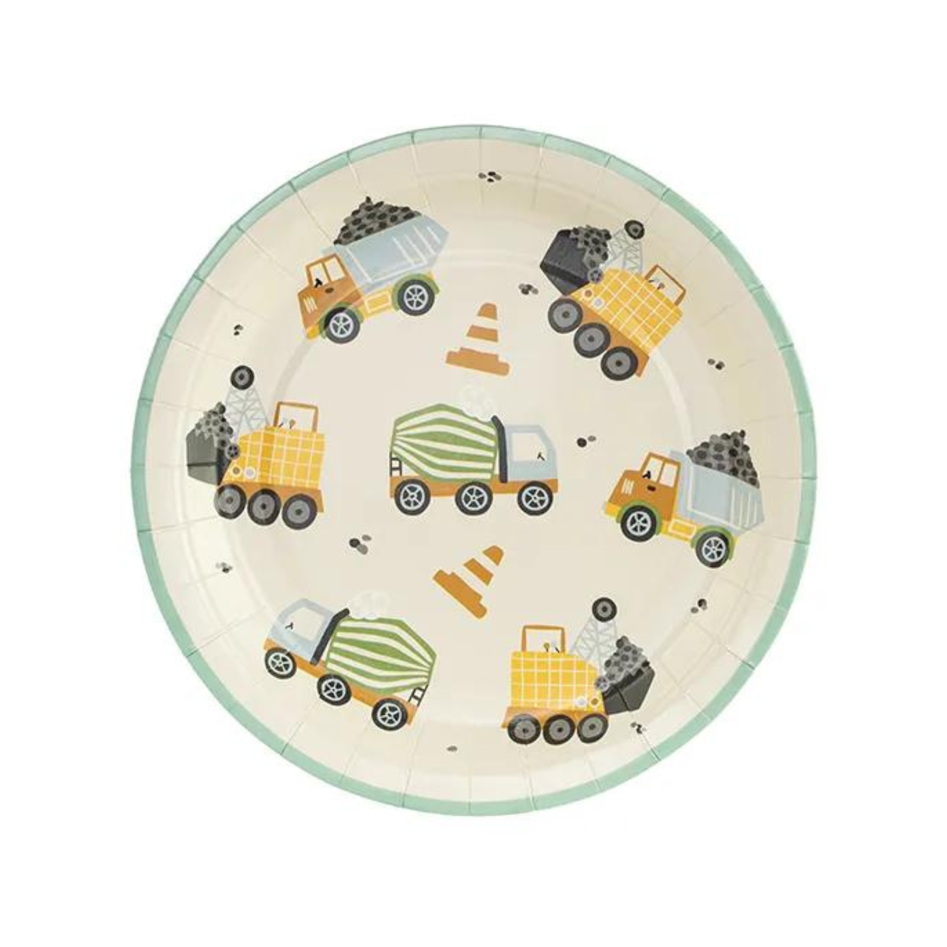 round paper plate with construction truck illustrations