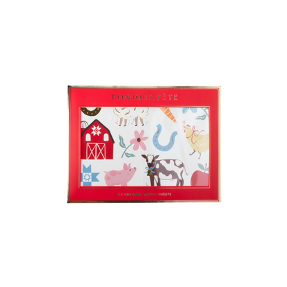 Countryside farm animal temporary tattoos in red Bonjour Fête packaging with cow, pig, chicken, barn and floral designs.