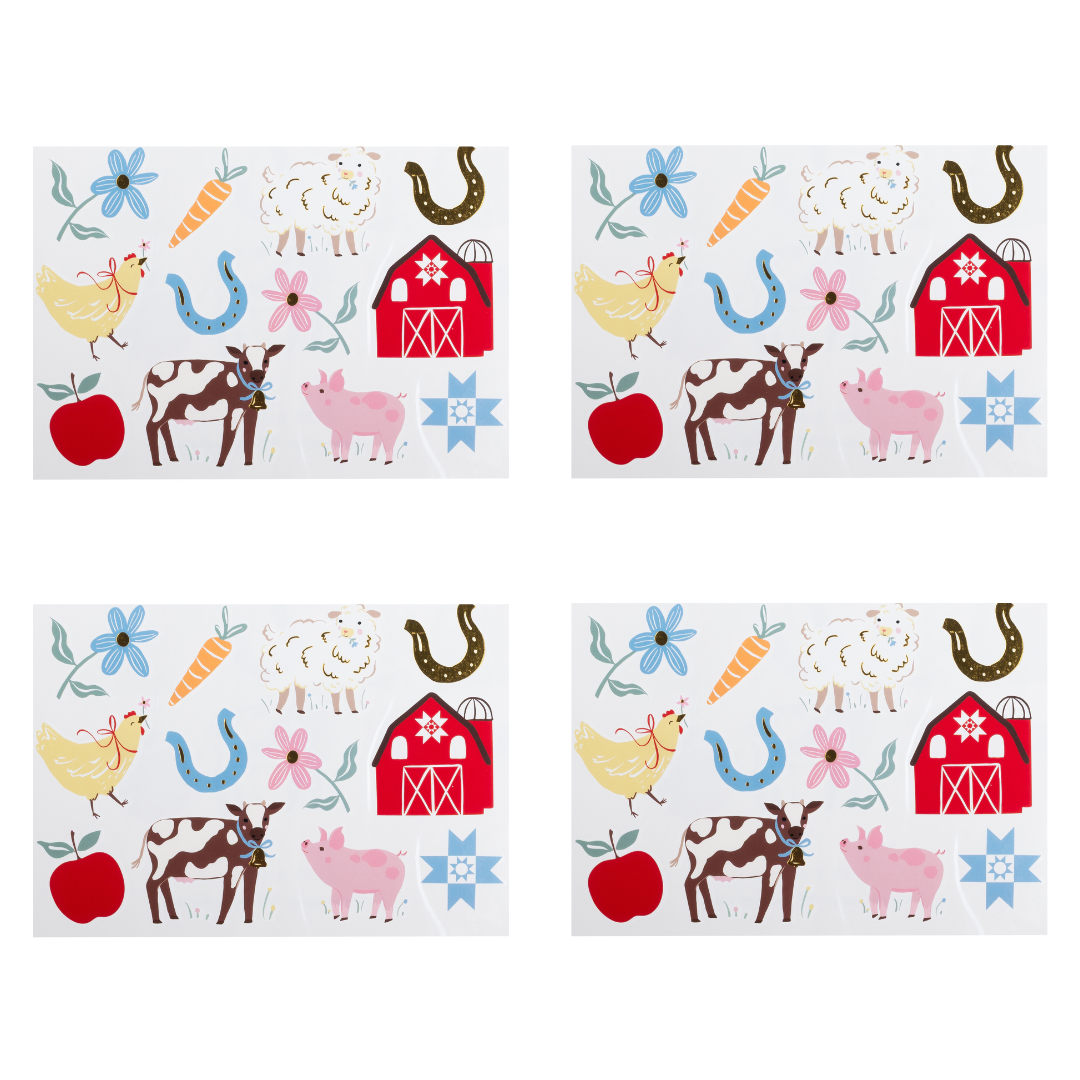 Four sheets of colourful farm animal temporary tattoos featuring cows, pigs, sheep, chickens, barns and horseshoes.