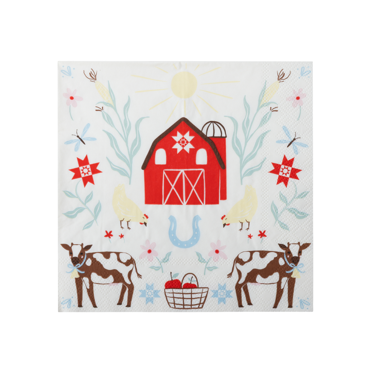 Countryside farm animal large napkin with cows, chickens, red barn, florals and horseshoe details.
