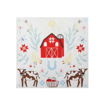 Countryside farm animal large napkin with cows, chickens, red barn, florals and horseshoe details.