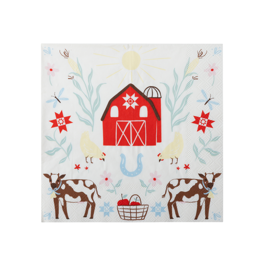 Countryside farm animal large napkin with cows, chickens, red barn, florals and horseshoe details.