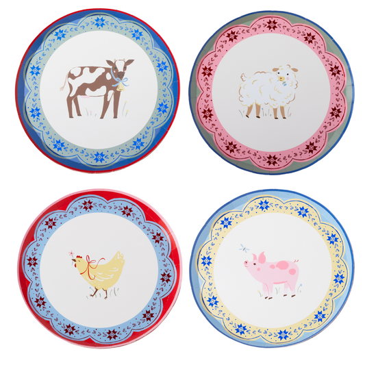 Farm animal party plates featuring cow, sheep, chicken and pig designs with colourful decorative borders