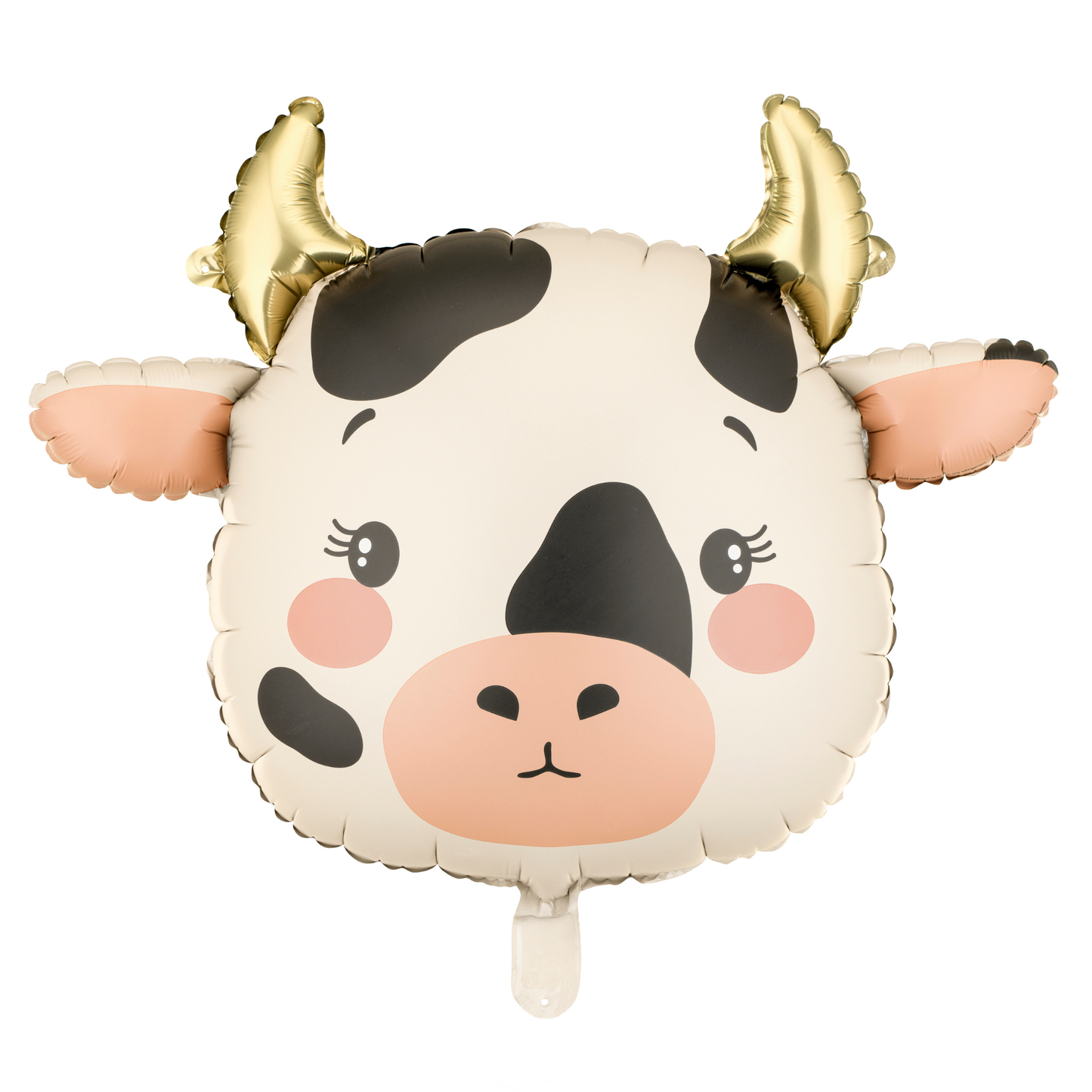 Cute cow foil balloon with soft neutral tones and gold horns, perfect for farm-themed party decor available at our Toronto party shop.