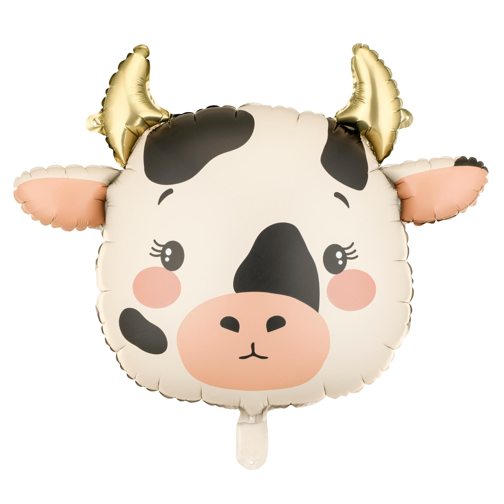 Cute cow foil balloon with soft neutral tones and gold horns, perfect for farm-themed party decor available at our Toronto party shop.