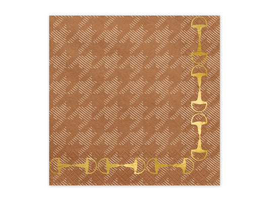 Brown houndstooth paper napkin with shiny golden stirrup print, perfect for Toronto equestrian-themed parties.