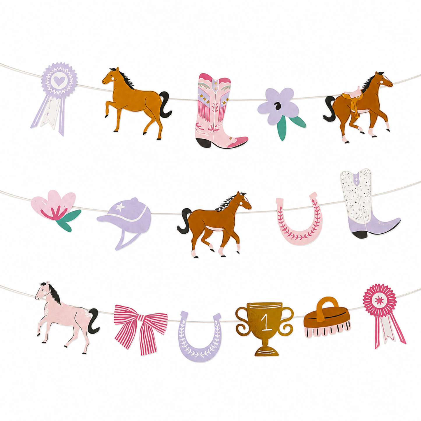 Western-themed hanging banner garland with illustrated horses, cowboy boots, flowers, a hat, horseshoes, a trophy cup, a brush, and rosettes on a white background.