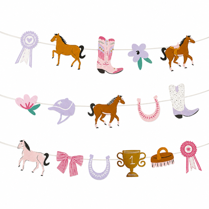 Western-themed hanging banner garland with illustrated horses, cowboy boots, flowers, a hat, horseshoes, a trophy cup, a brush, and rosettes on a white background.