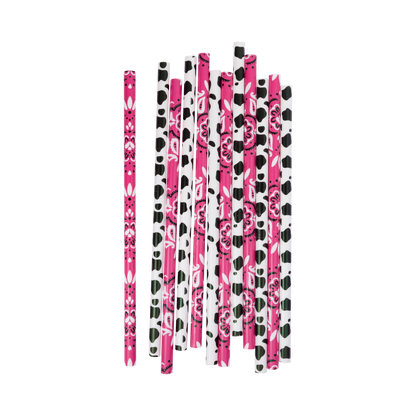 Pack of 12 pink bandana and cow print reusable straws, Toronto party supplies.