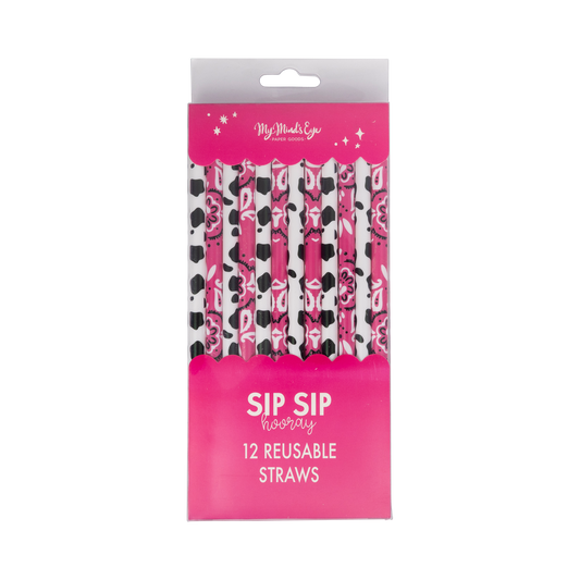 Toronto cowgirl party straws in pink bandana and cow print, perfect for themed celebrations.