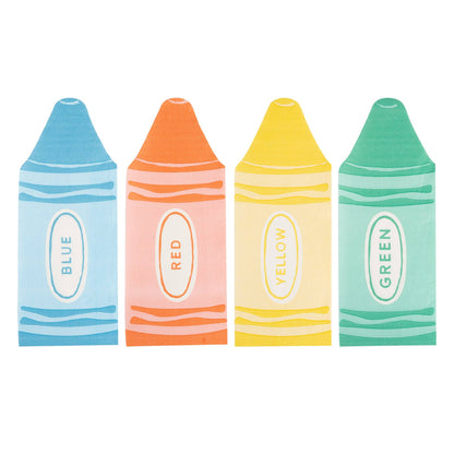 Four colourful crayon-shaped napkins labeled Blue, Red, Yellow, and Green on a white background.