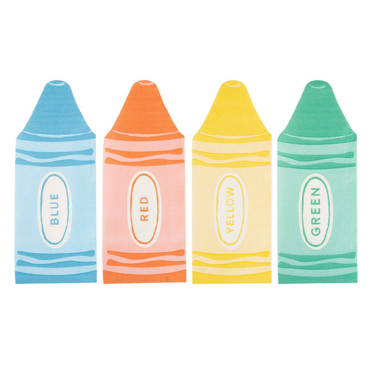 Four colourful crayon-shaped napkins labeled Blue, Red, Yellow, and Green on a white background.