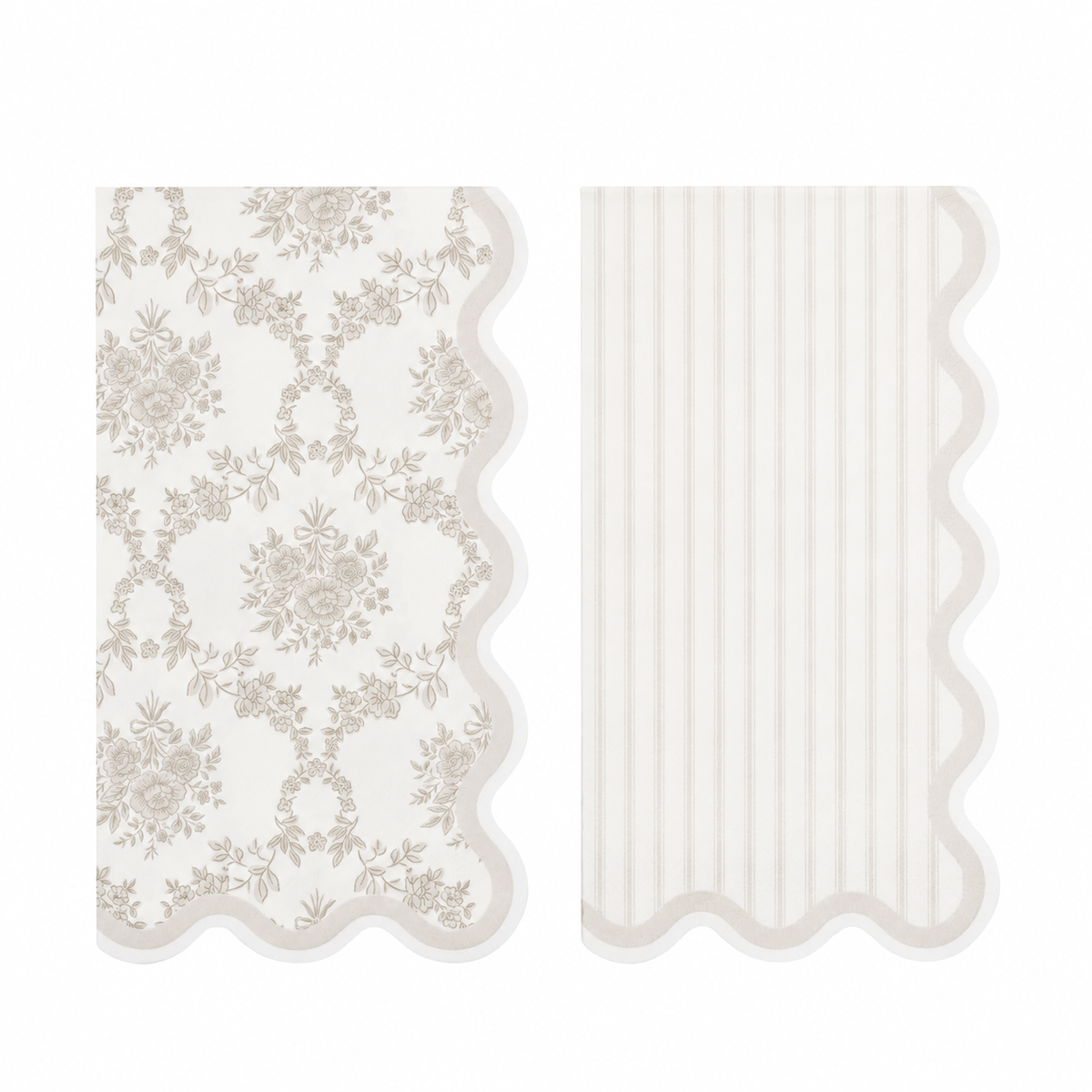 Cream floral and striped paper guest napkin set with grey scalloped edges
