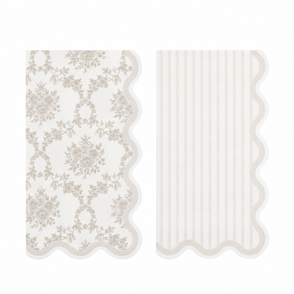 Cream floral and striped paper guest napkin set with grey scalloped edges