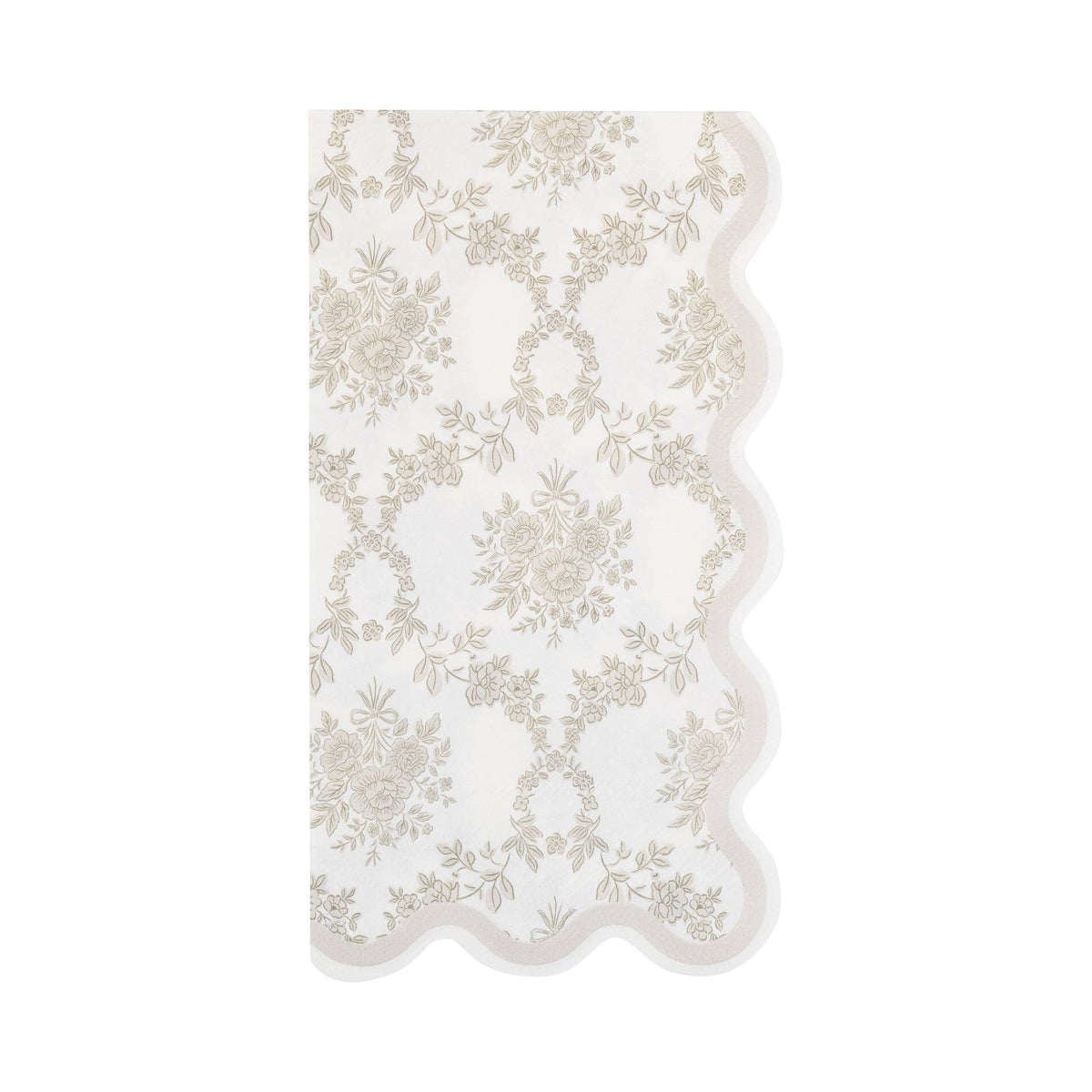 Cream paper guest napkin with delicate grey floral pattern and scalloped edges