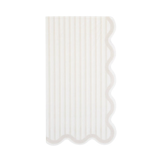 Cream paper guest napkin with fine grey stripes and scalloped edges