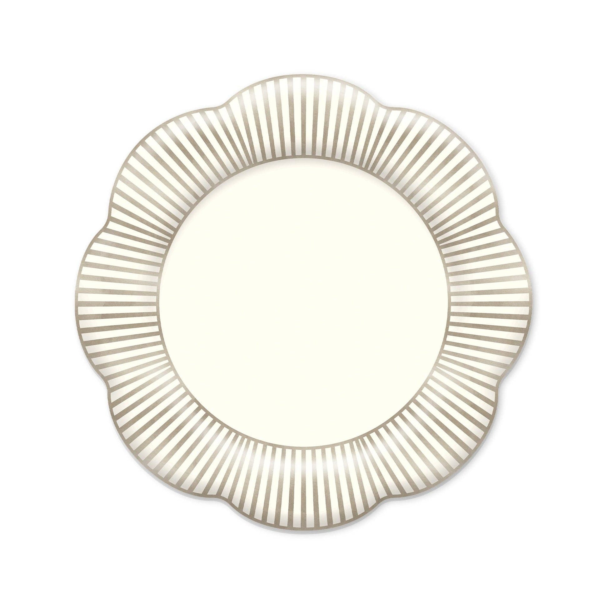 Cream and taupe striped scalloped paper plate with neutral design, available at Confetti My Party in Toronto
