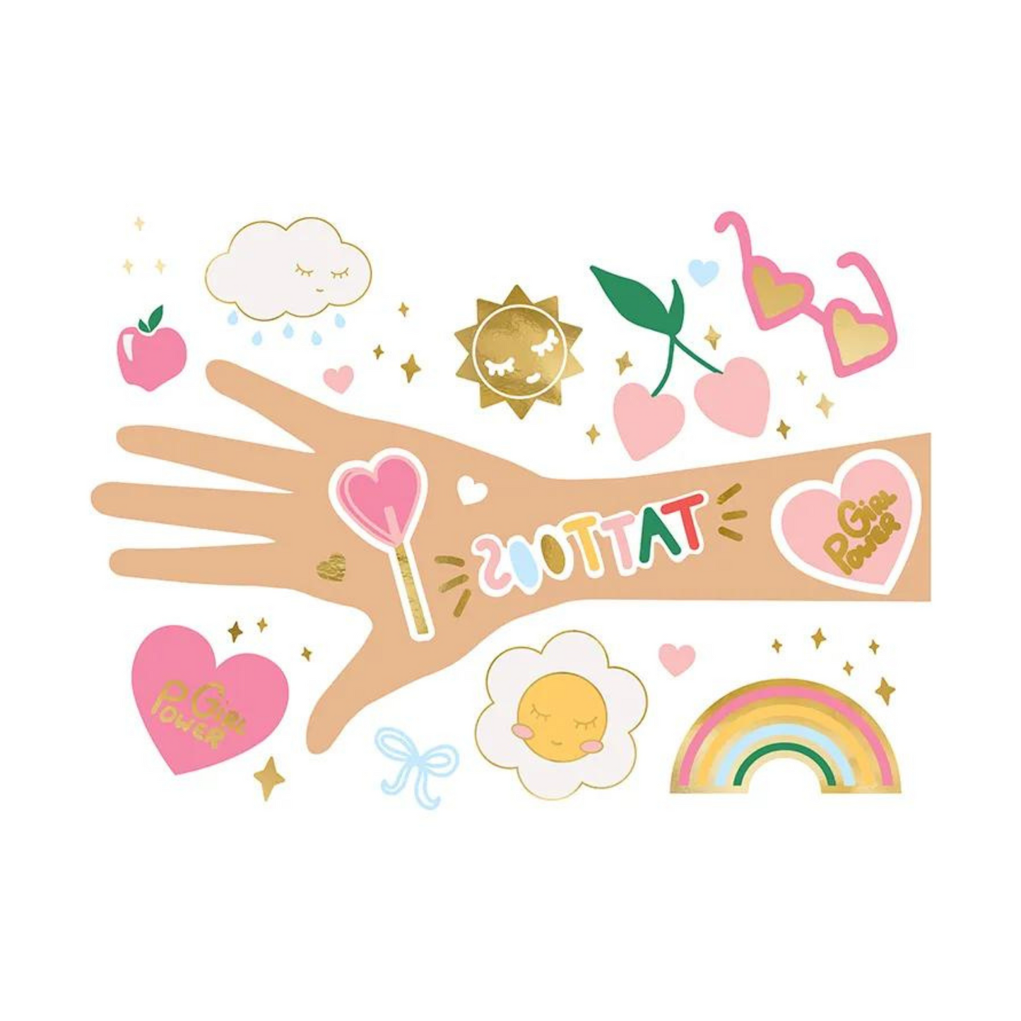 temporary tattoos for kids with heart, rainbow, sun and cloud designs