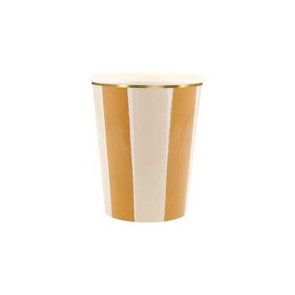 Golden yellow and cream striped paper cup with gold foil trim for fall parties