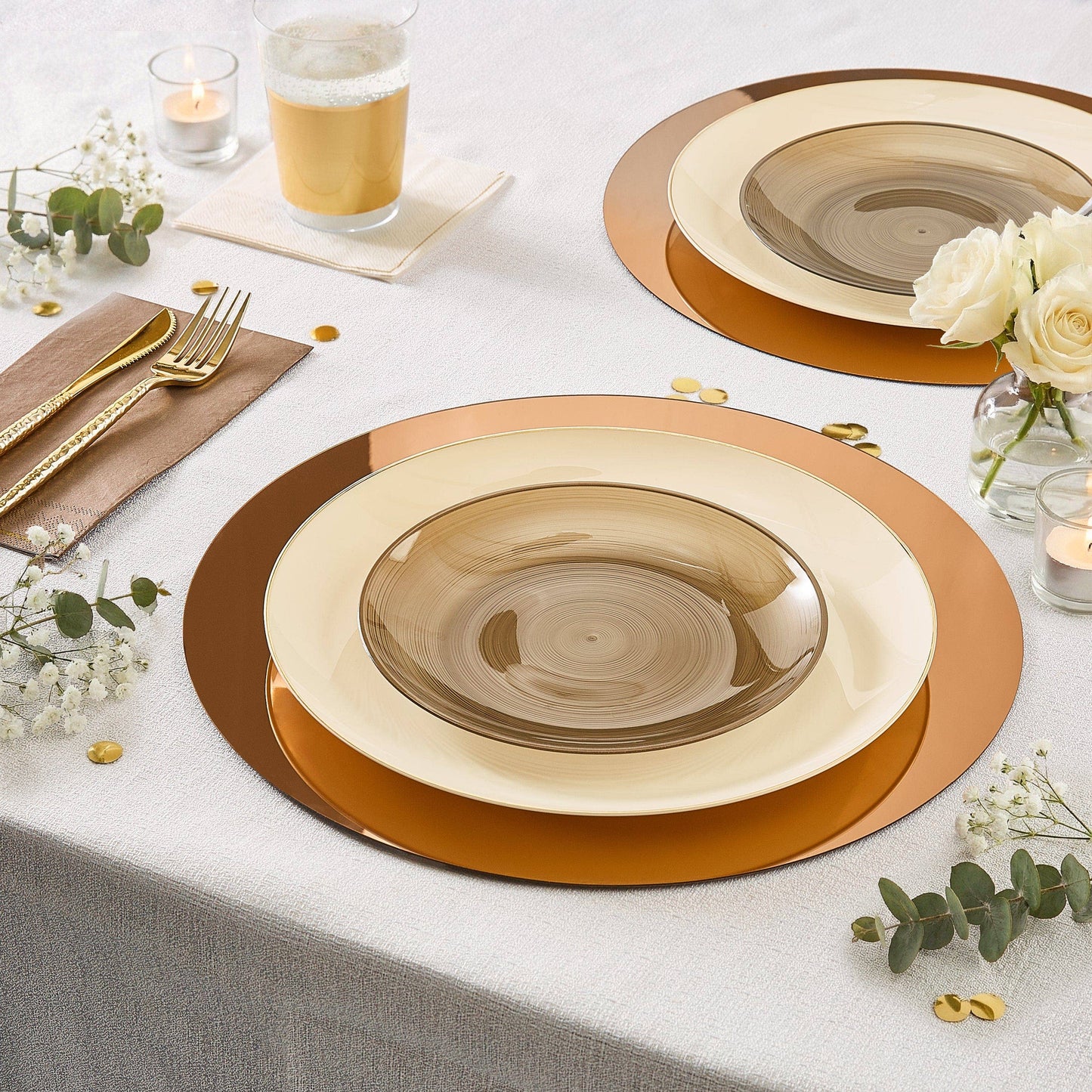 IVORY & GOLD ROUND REUSABLE DESSERT PLATES | 10 PIECES