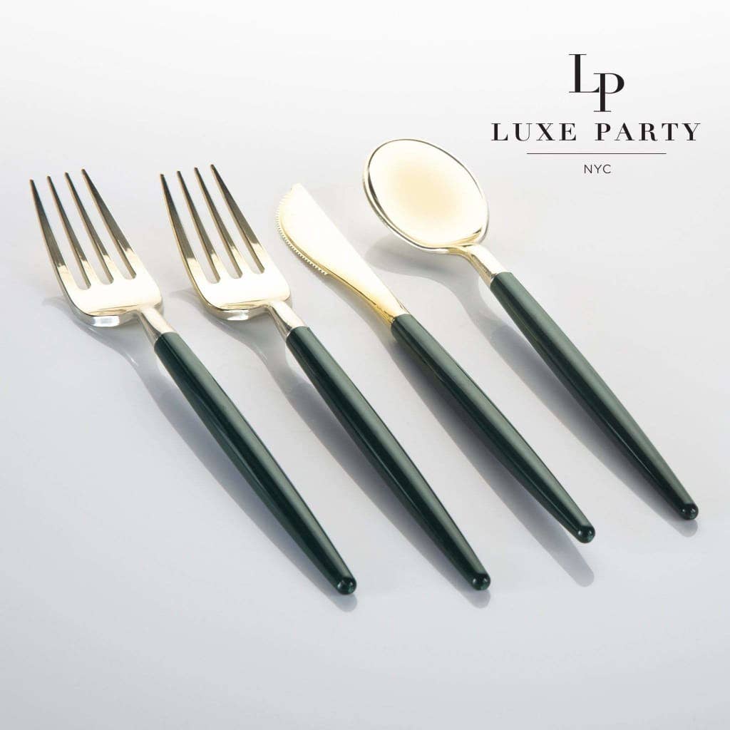 EMERALD GREEN & GOLD REUSABLE CUTLERY SET | 16 FORKS, 8 SPOONS, 8 KNIVES
