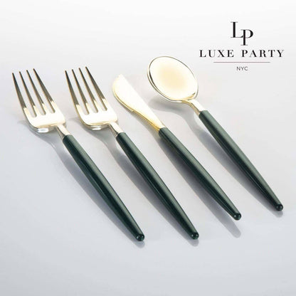 EMERALD GREEN & GOLD REUSABLE CUTLERY SET | 16 FORKS, 8 SPOONS, 8 KNIVES