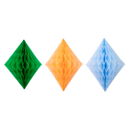  Set of three diamond-shaped honeycomb decorations in green, orange, and blue