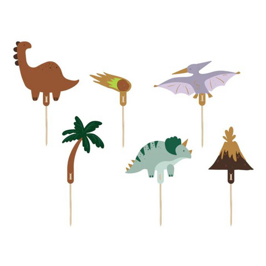 dinosaur themed cake and cupcake toppers