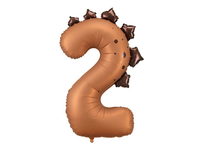 Matte brown dinosaur number 2 balloon with dino spikes, sold in Toronto at Confetti My Party. Ships across Canada.