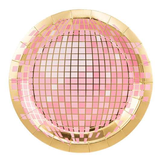 pink and gold shiny detailed disco plates