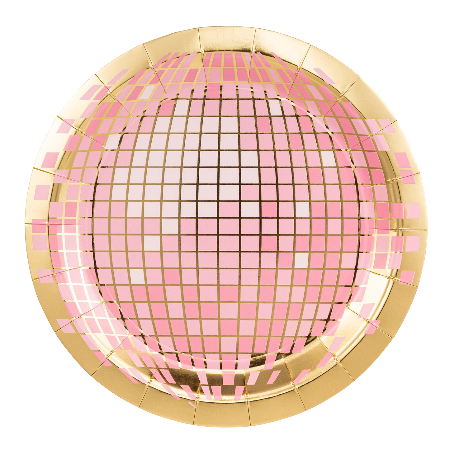 pink and gold shiny detailed disco plates