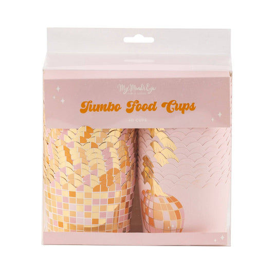 Pink paper treat cup with orange disco pumpkin design, perfect for Halloween parties - Sold in Toronto.