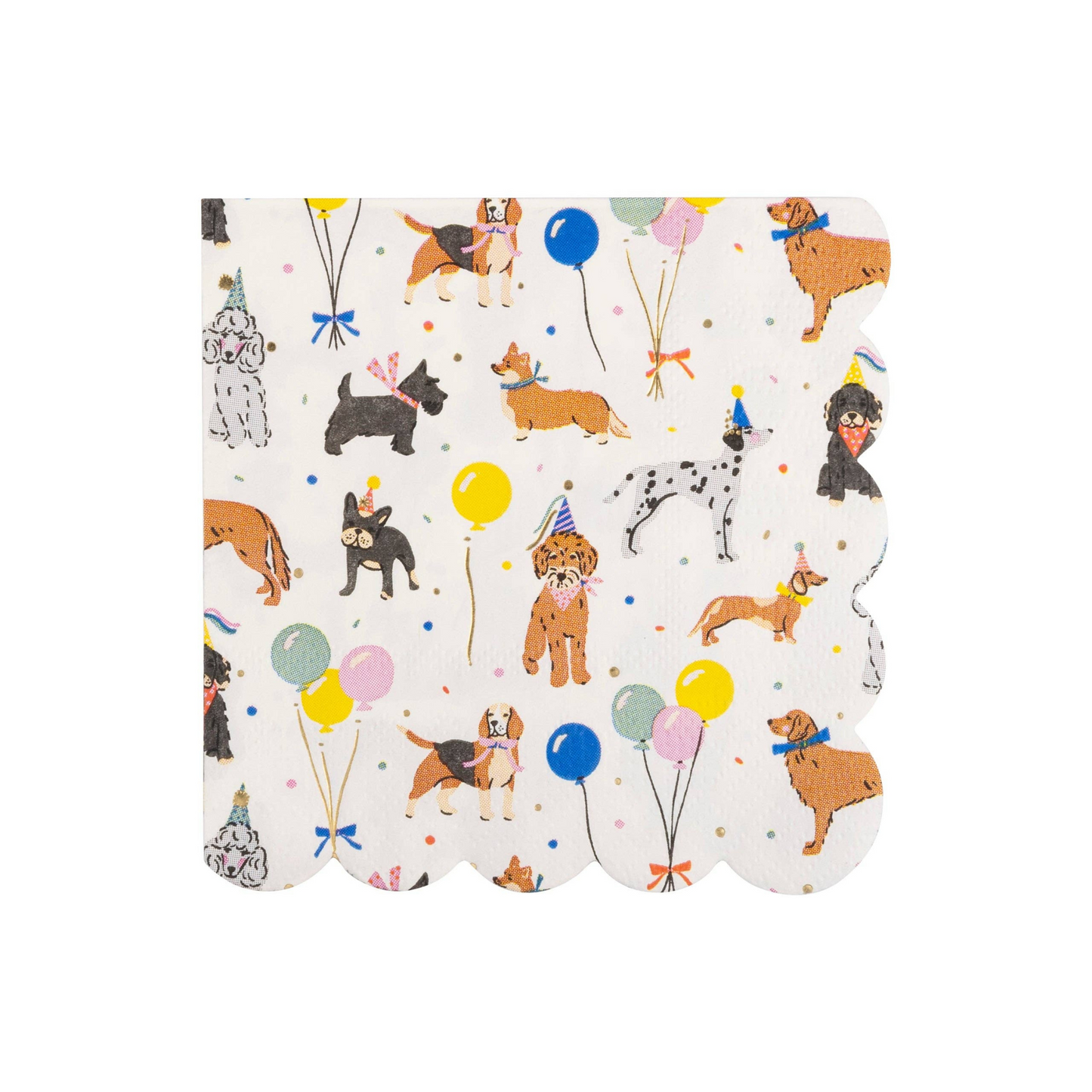 Dog-themed cocktail napkins with scalloped edges featuring illustrated puppies in party hats, balloons, and confetti — perfect for a kids’ birthday party or puppy party celebration in Canada.