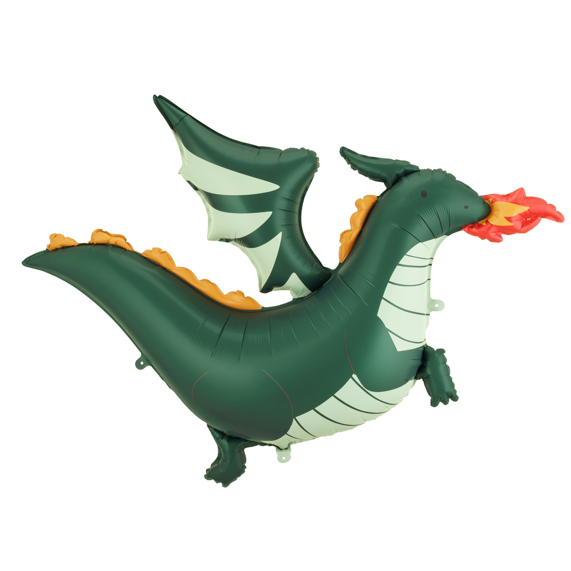 Green dragon foil balloon with wings and fire detail, perfect for fantasy party decor available at our Toronto party shop.