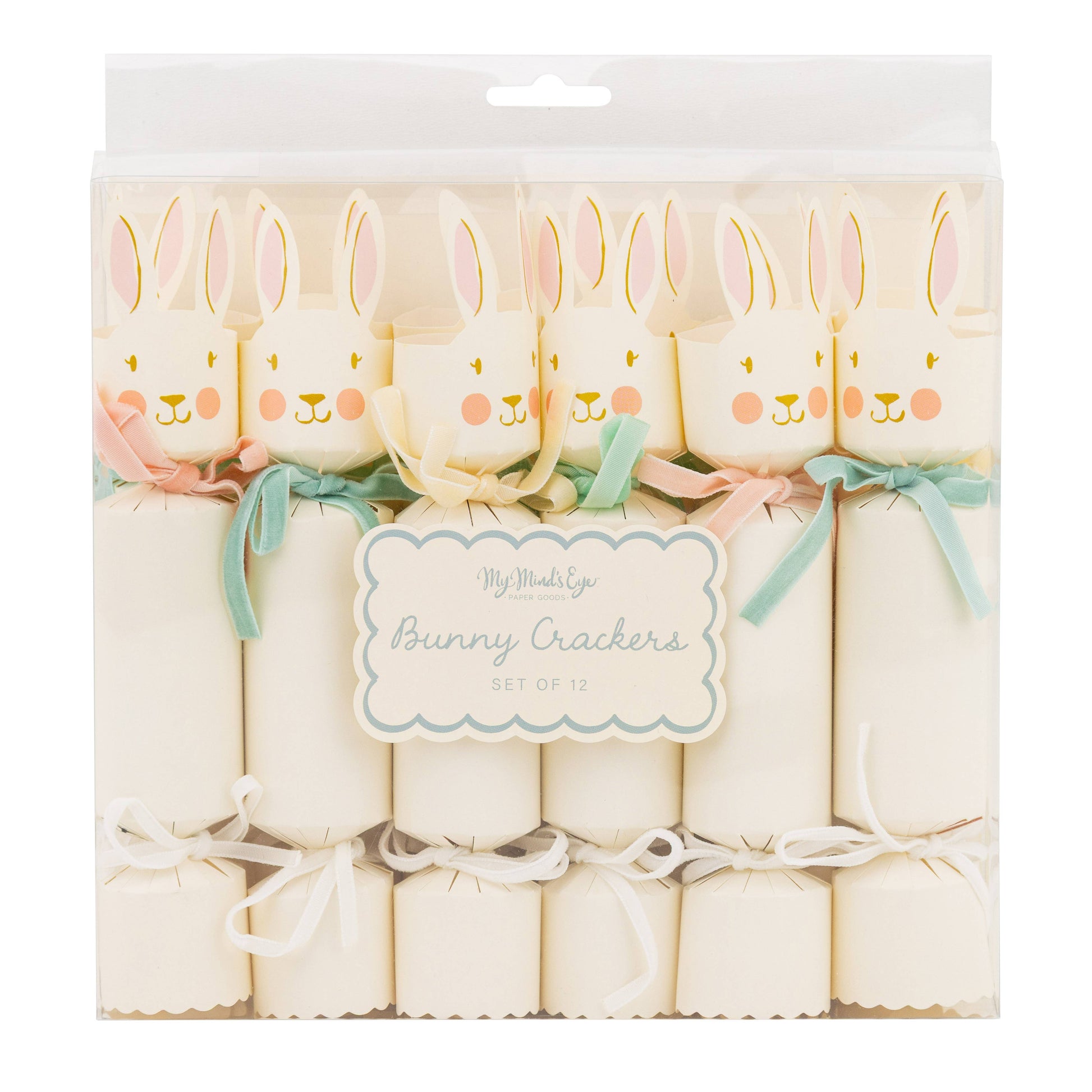 Packaged bunny Easter crackers set of twelve with pastel bows and bunny designs, available in Toronto