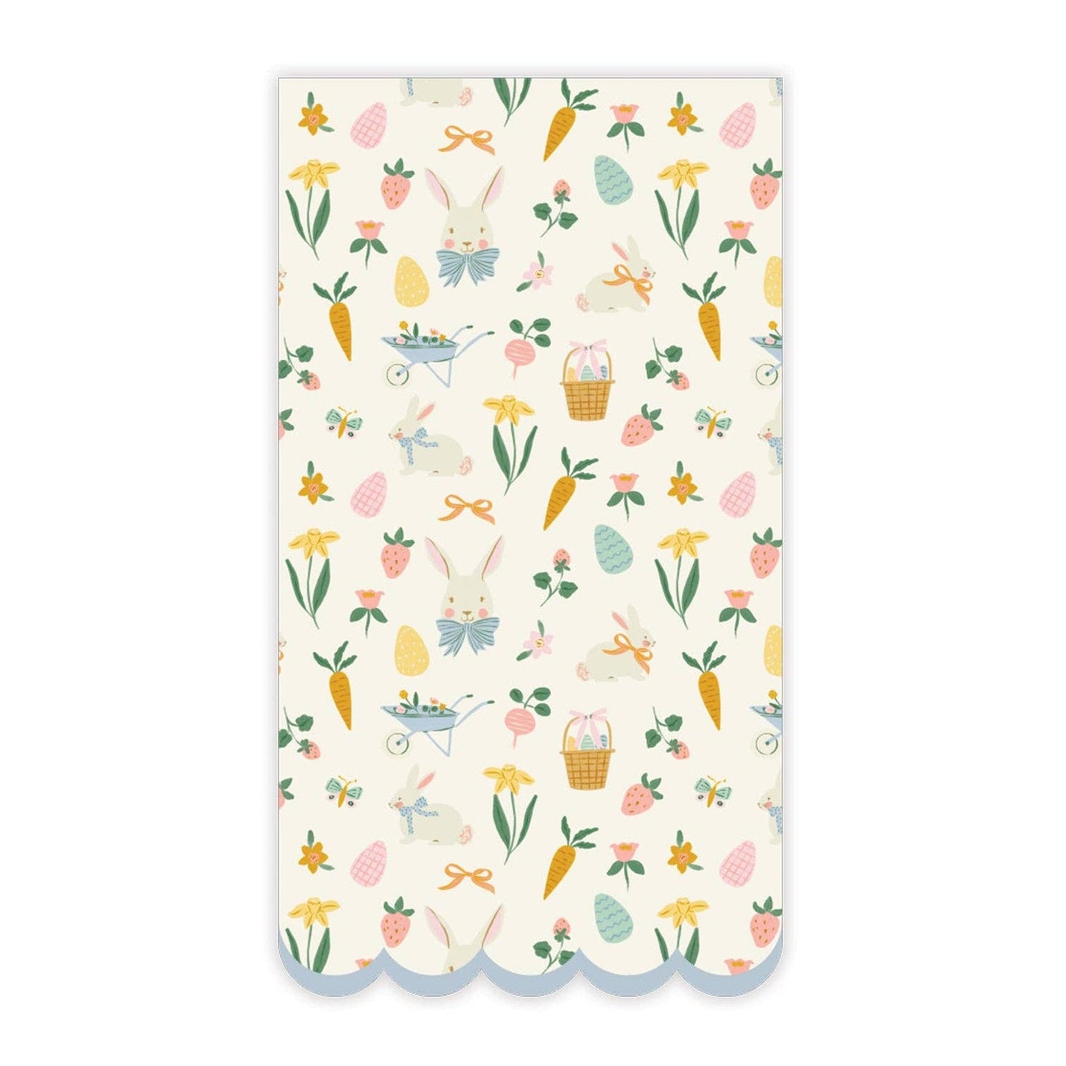 Pastel Easter scatter dinner napkins with bunnies, carrots, eggs, and spring florals, sold in Toronto at Confetti My Party