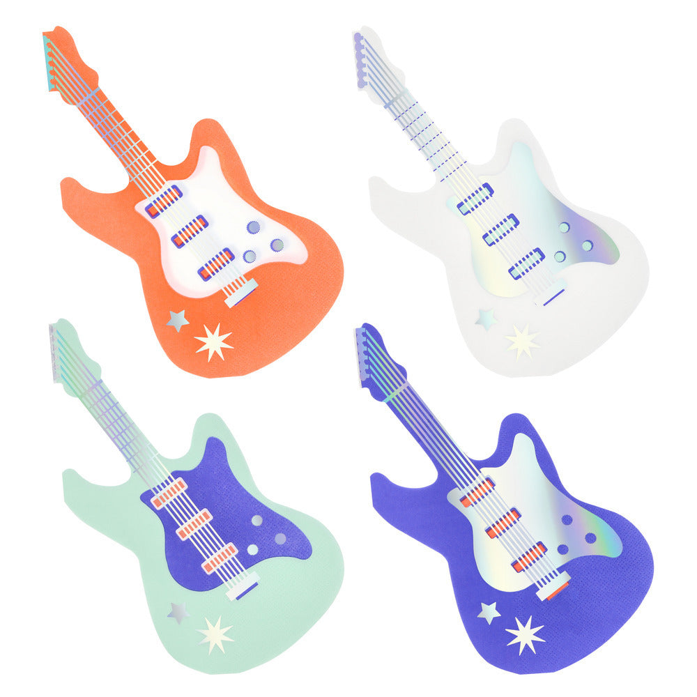 Meri Meri electric guitar shaped napkins in bold retro colours, perfect for rockstar and music themed birthday parties, available at our Toronto party shop.