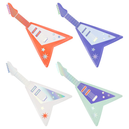 Meri Meri electric guitar shaped party plates in bold retro colours, perfect for rockstar and music themed birthdays, available at our Toronto party shop.