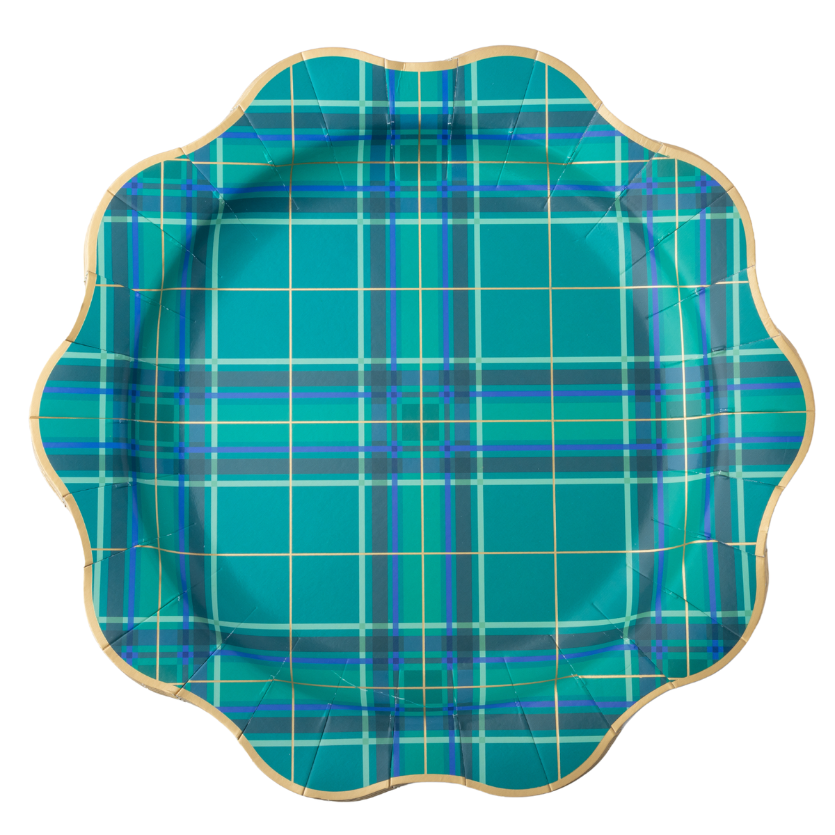 Green and blue plaid Christmas dinner plate with gold foil details and a scalloped edge.