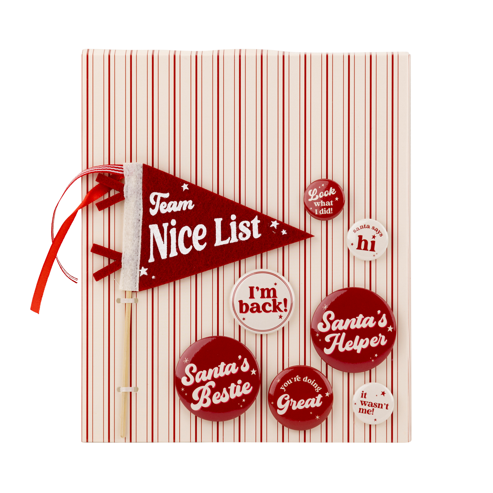 Toronto holiday elf pennant and red button set with phrases like “Santa’s Helper” and “Nice List.”