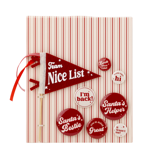 Toronto holiday elf pennant and red button set with phrases like “Santa’s Helper” and “Nice List.”