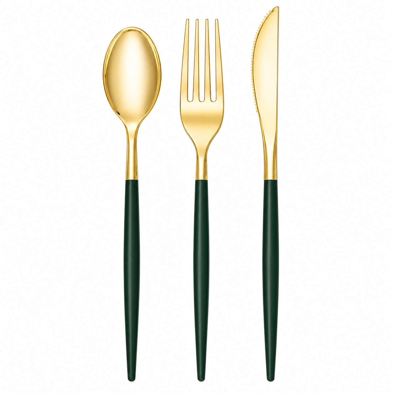EMERALD GREEN & GOLD REUSABLE CUTLERY SET | 16 FORKS, 8 SPOONS, 8 KNIVES