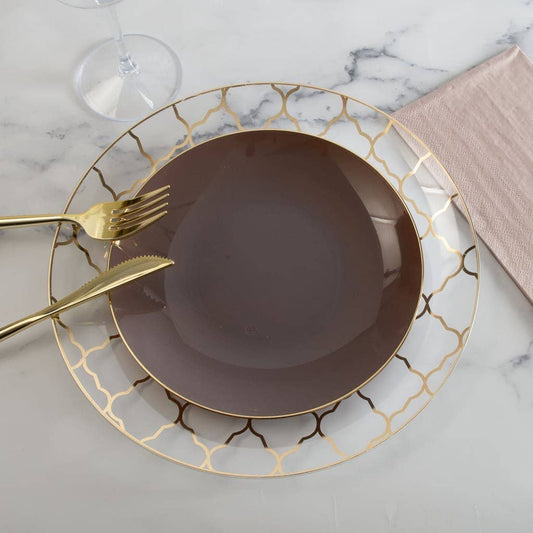 TRUFFLE BROWN & GOLD ROUND REUSABLE DINNER PLATES | 10 PIECES